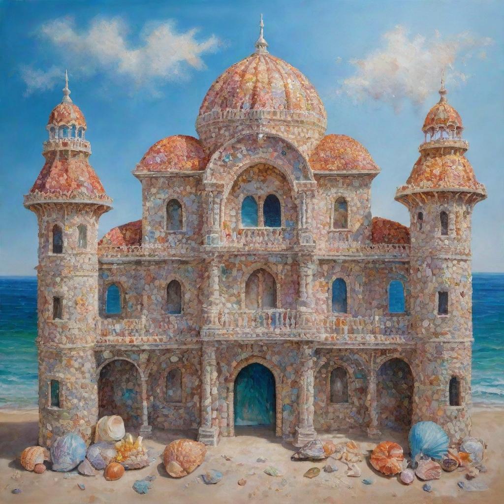 A striking oil painting depicting an intricately built structure, constructed entirely from a variety of colourful and glimmering sea shells.