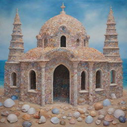 A striking oil painting depicting an intricately built structure, constructed entirely from a variety of colourful and glimmering sea shells.