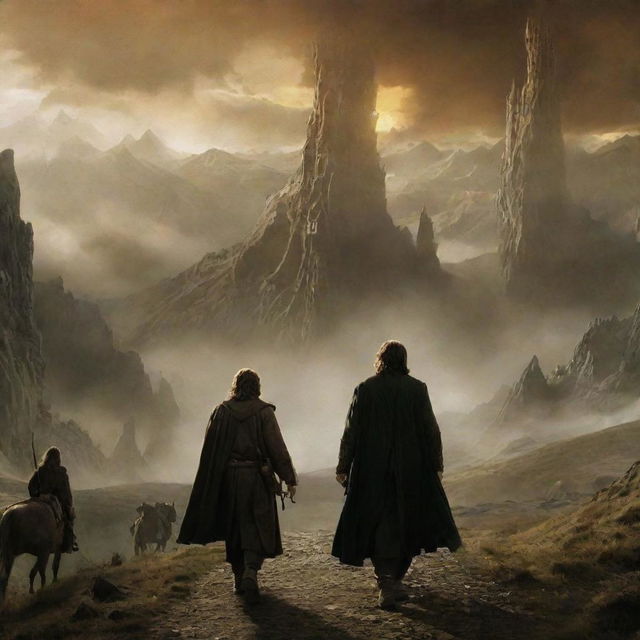 A captivating scene from 'The Lord of the Rings', with main characters engaging in pivotal quests, surrounded by the majesty of Middle-earth in the backdrop.