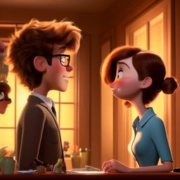 Using Pixar's style, depict a moment where Bob, the plain-looking accountant, is at a work party and spots a beautiful woman named Stacy, showing visibly that his world is changing.