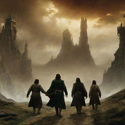 A captivating scene from 'The Lord of the Rings', with main characters engaging in pivotal quests, surrounded by the majesty of Middle-earth in the backdrop.