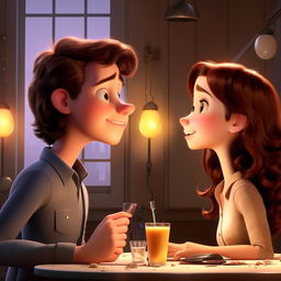 Using Pixar's style, depict a moment where Bob, the plain-looking accountant, is at a work party and spots a beautiful woman named Stacy, showing visibly that his world is changing.