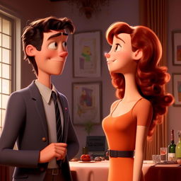 Using Pixar's style, depict a moment where Bob, the plain-looking accountant, is at a work party and spots a beautiful woman named Stacy, showing visibly that his world is changing.