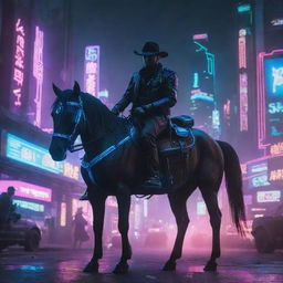 A futuristic cyberpunk cowboy with neon lights and a mechanized horse against a dystopian city background.