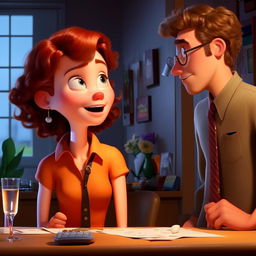 Using Pixar's style, depict a moment where Bob, the plain-looking accountant, is at a work party and spots a beautiful woman named Stacy, showing visibly that his world is changing.