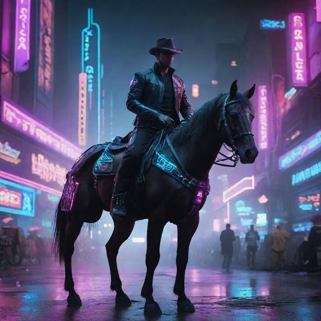 A futuristic cyberpunk cowboy with neon lights and a mechanized horse against a dystopian city background.