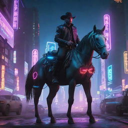 A futuristic cyberpunk cowboy with neon lights and a mechanized horse against a dystopian city background.