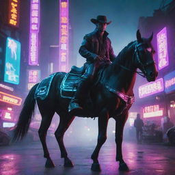 A futuristic cyberpunk cowboy with neon lights and a mechanized horse against a dystopian city background.