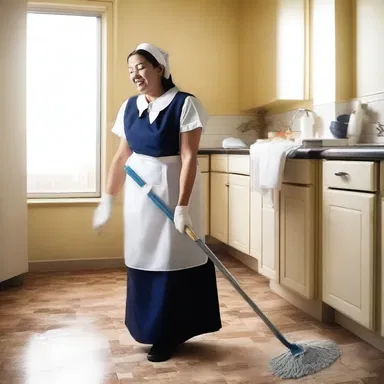 After a long day of scouring the kitchen, the maid made a joke about needing a vacation to recover from all the scrubbing.