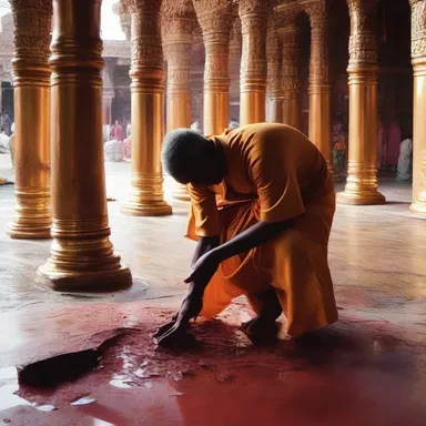 During the religious festival, the temple caretakers engage in a thorough scouring of the premises to ensure cleanliness and purity.