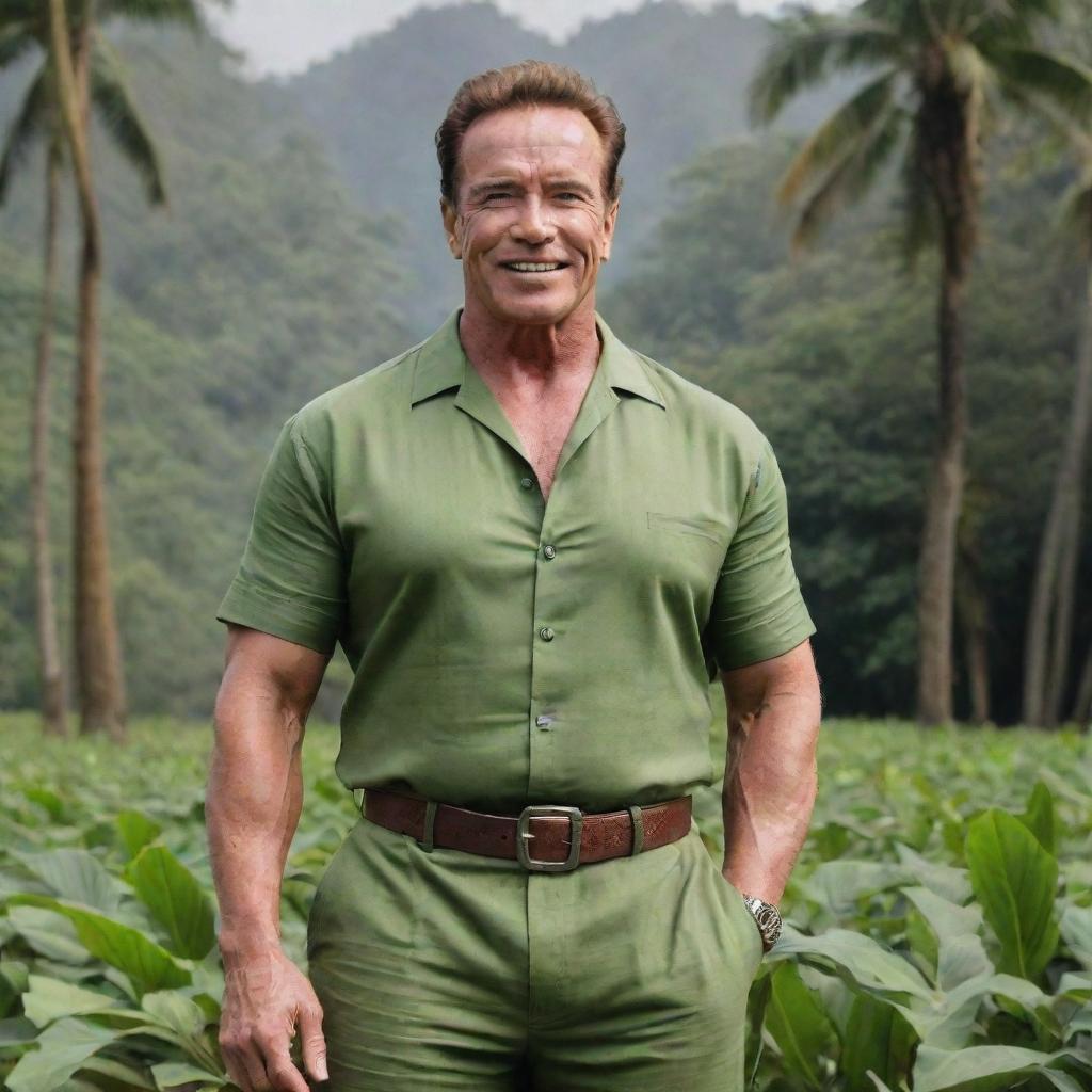 Arnold Schwarzenegger in traditional Kerala, India attire posing in a lush, exotic Kerala landscape