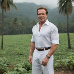 Arnold Schwarzenegger in traditional Kerala, India attire posing in a lush, exotic Kerala landscape