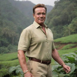 Arnold Schwarzenegger in traditional Kerala, India attire posing in a lush, exotic Kerala landscape