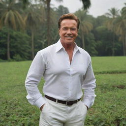 Arnold Schwarzenegger in traditional Kerala, India attire posing in a lush, exotic Kerala landscape