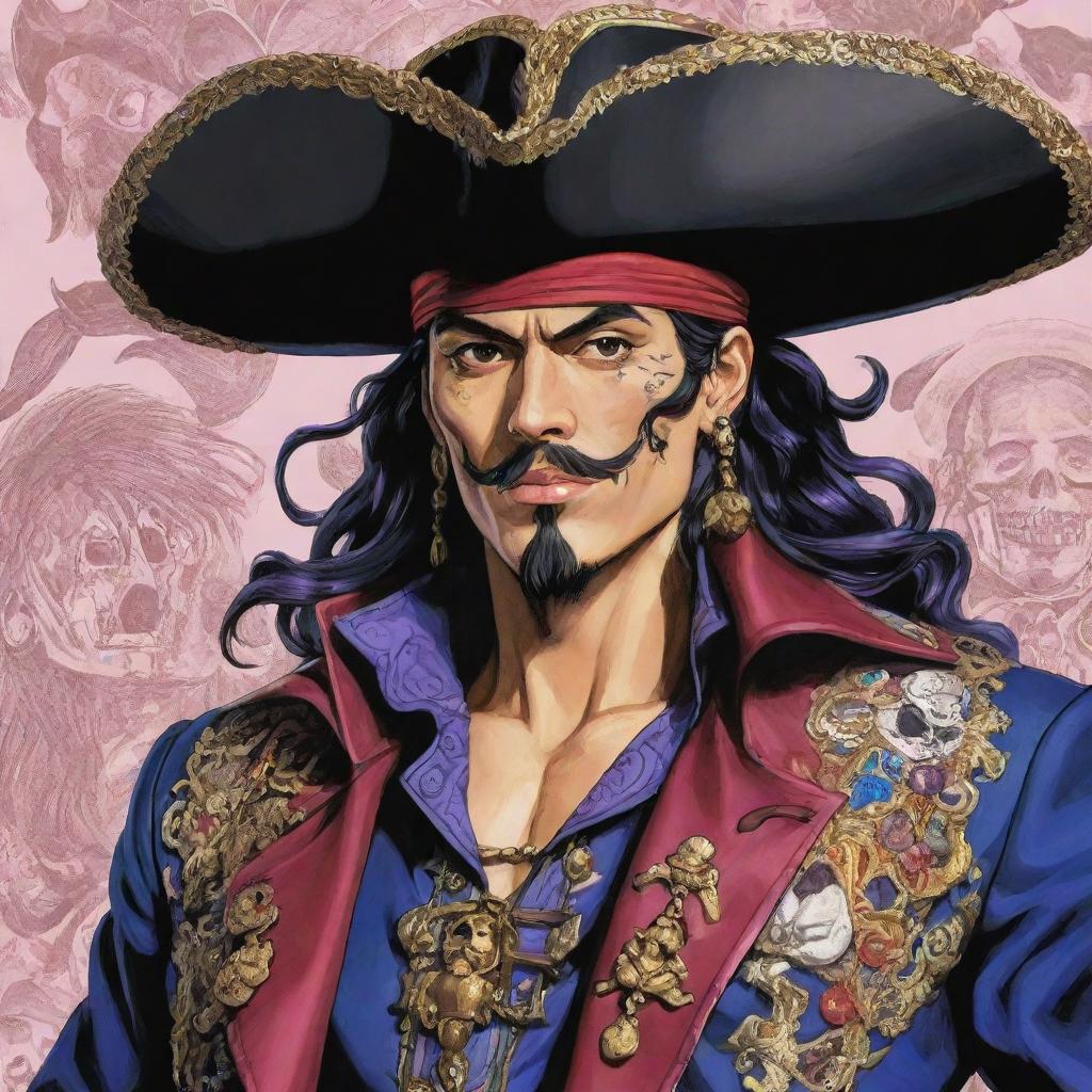 An intricately detailed Jojo's Bizarre Adventure-style flamboyant anime illustration of a Mexican pirate.