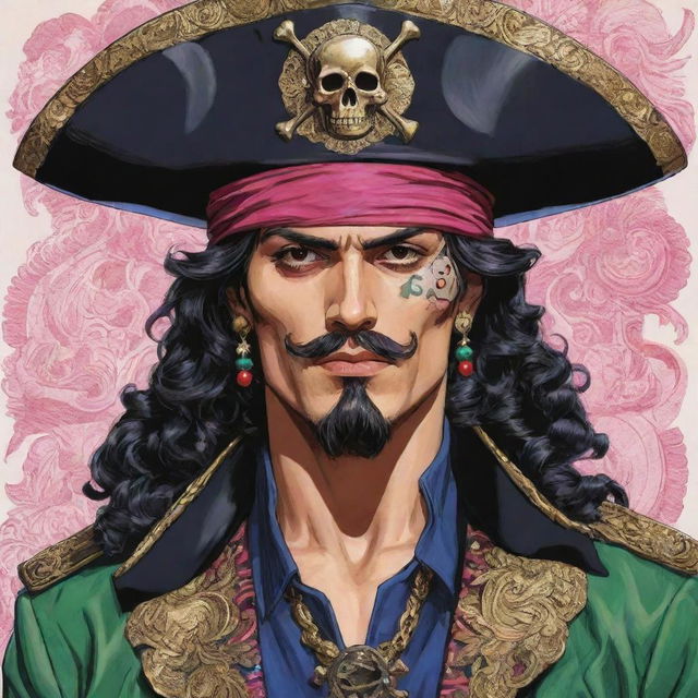 An intricately detailed Jojo's Bizarre Adventure-style flamboyant anime illustration of a Mexican pirate.