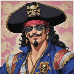 An intricately detailed Jojo's Bizarre Adventure-style flamboyant anime illustration of a Mexican pirate.