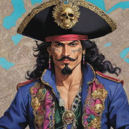 An intricately detailed Jojo's Bizarre Adventure-style flamboyant anime illustration of a Mexican pirate.