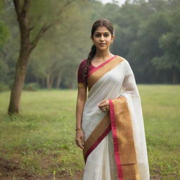 South Indian actress Nayanthara in a traditional Kerala saree, standing in a serene and lush Kerala landscape