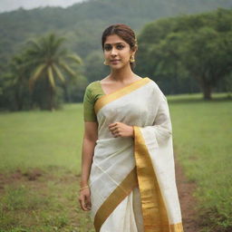 South Indian actress Nayanthara in a traditional Kerala saree, standing in a serene and lush Kerala landscape