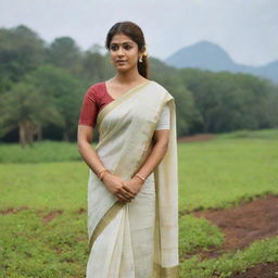 South Indian actress Nayanthara in a traditional Kerala saree, standing in a serene and lush Kerala landscape