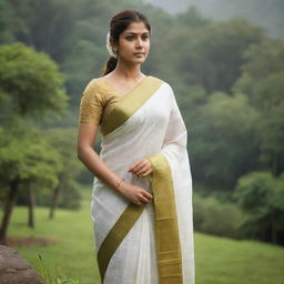 South Indian actress Nayanthara in a traditional Kerala saree, standing in a serene and lush Kerala landscape