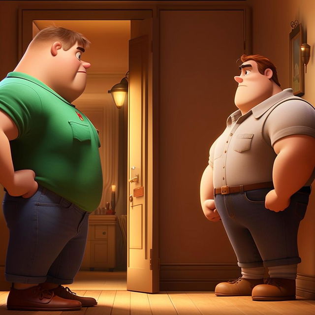 While maintaining Pixar's animation style, pictures Bob at the party as he watches a muscular man, Giga Chad, who is Stacy's boyfriend, entering. Display Bob's feeling of deflation and defeat.