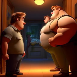 While maintaining Pixar's animation style, pictures Bob at the party as he watches a muscular man, Giga Chad, who is Stacy's boyfriend, entering. Display Bob's feeling of deflation and defeat.