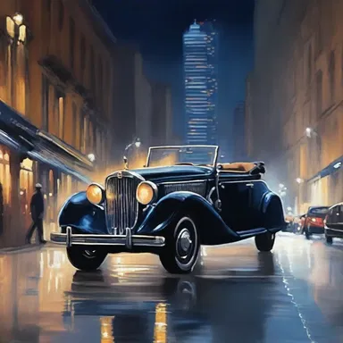 The artist painted a beautiful image of a hack driving through the city at night.
