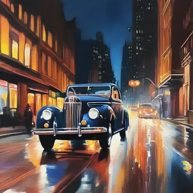 The artist painted a beautiful image of a hack driving through the city at night.