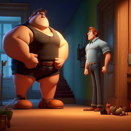 While maintaining Pixar's animation style, pictures Bob at the party as he watches a muscular man, Giga Chad, who is Stacy's boyfriend, entering. Display Bob's feeling of deflation and defeat.