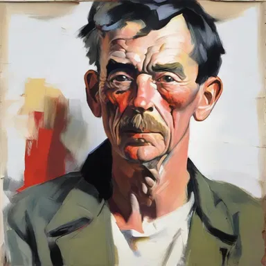 The painter used bold and expressive brushstrokes to convey the hack of the character in his portrait.