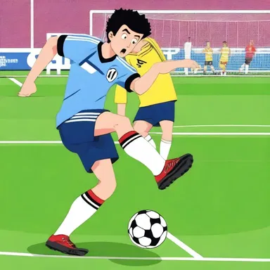 In the animated soccer match, a character managed to cleverly dodge a hack on the shins.
