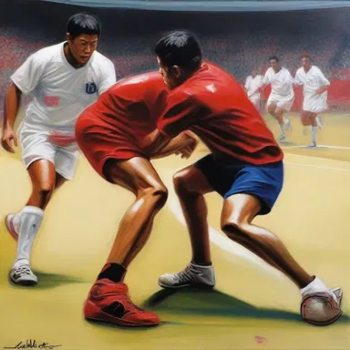The painting captured the intense moment when a player tried to hack the opponent's shin during the game.
