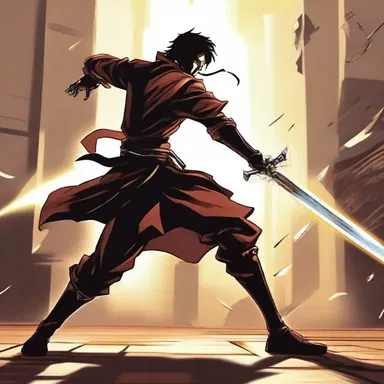In the thrilling battle scene, the protagonist expertly hacked through the enemy's defenses with a swift strike of his sword.