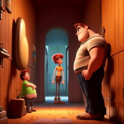 While maintaining Pixar's animation style, pictures Bob at the party as he watches a muscular man, Giga Chad, who is Stacy's boyfriend, entering. Display Bob's feeling of deflation and defeat.