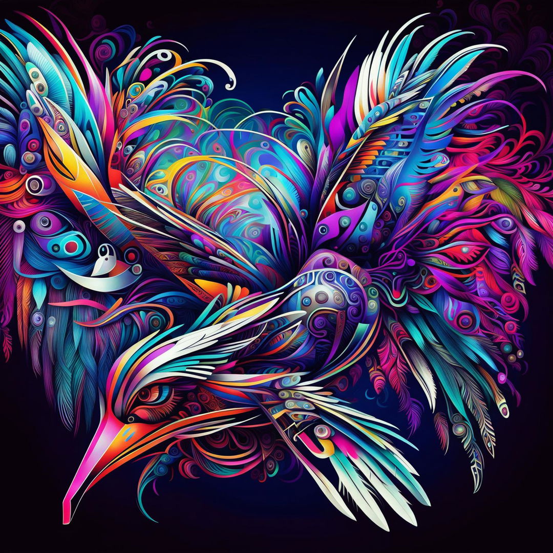 Psychedelic birds with intricate mecha elements soaring through a vibrant, abstract sky.