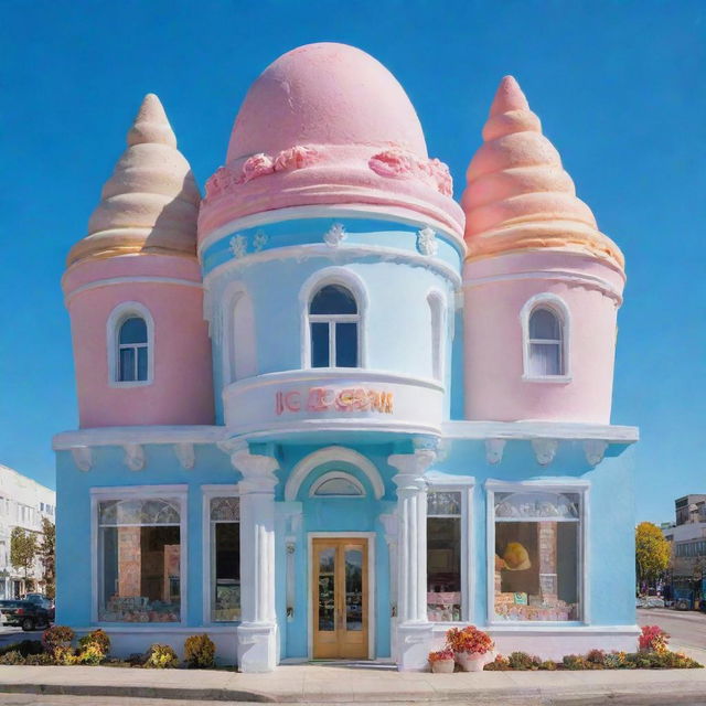 A lavish building made entirely of various flavors of ice cream under a clear blue sky.