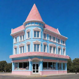 A lavish building made entirely of various flavors of ice cream under a clear blue sky.