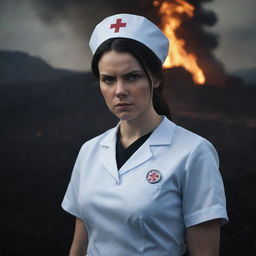 A malicious looking nurse, standing defiantly amidst a hellish landscape. Fire and brimstone forms the backdrop, casting eerie, unsettling shadows on her stern face and sharply contrasting with her dark uniform.