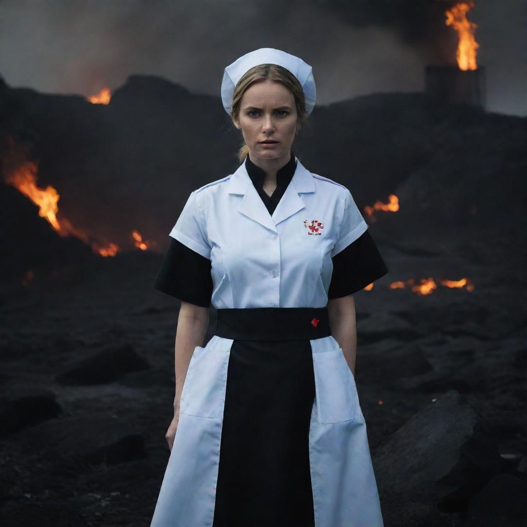 A malicious looking nurse, standing defiantly amidst a hellish landscape. Fire and brimstone forms the backdrop, casting eerie, unsettling shadows on her stern face and sharply contrasting with her dark uniform.