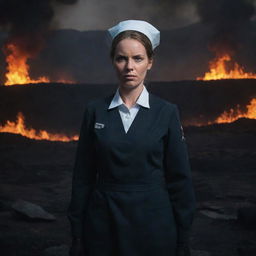 A malicious looking nurse, standing defiantly amidst a hellish landscape. Fire and brimstone forms the backdrop, casting eerie, unsettling shadows on her stern face and sharply contrasting with her dark uniform.