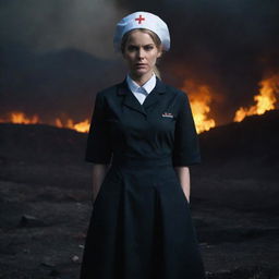 A malicious looking nurse, standing defiantly amidst a hellish landscape. Fire and brimstone forms the backdrop, casting eerie, unsettling shadows on her stern face and sharply contrasting with her dark uniform.