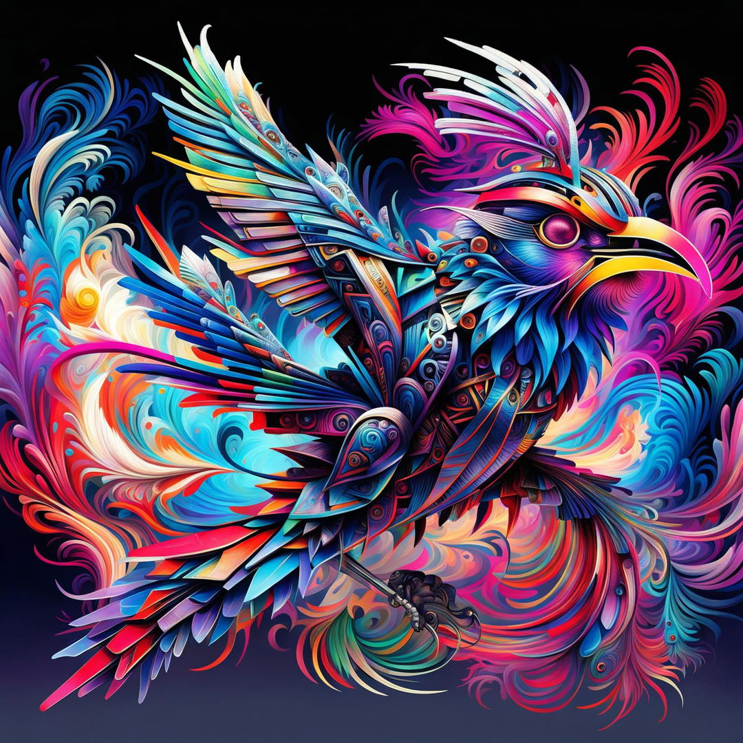 Psychedelic birds made of intricate smoke clouds with mecha elements, soaring through a vibrant, abstract sky.