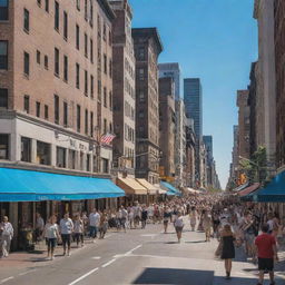 A bustling New York shopping street, filled with people and vibrant storefronts, under a brilliant blue sky.