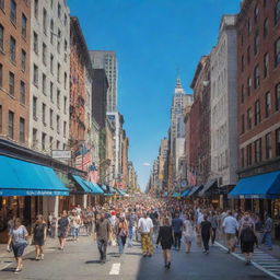 A bustling New York shopping street, filled with people and vibrant storefronts, under a brilliant blue sky.