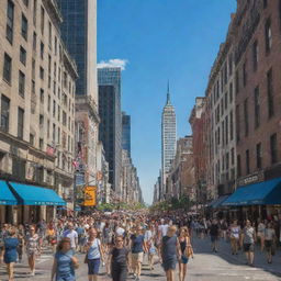 A bustling New York shopping street, filled with people and vibrant storefronts, under a brilliant blue sky.