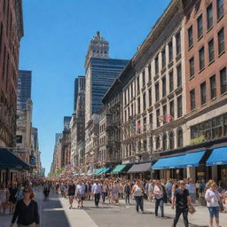 A bustling New York shopping street, filled with people and vibrant storefronts, under a brilliant blue sky.