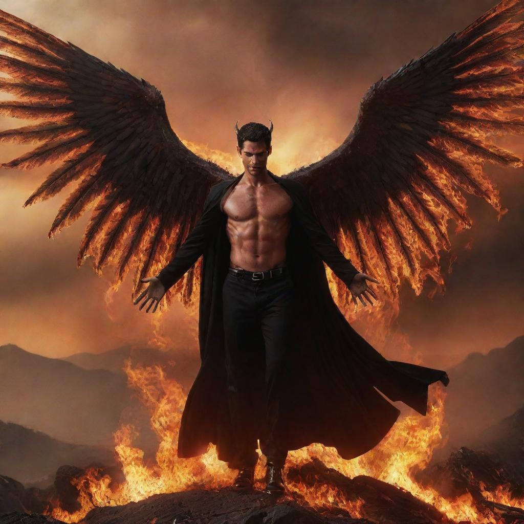 Lucifer, the fallen angel, devilishly handsome with fiery eyes and wings spread wide amidst an infernal landscape, his aura radiating power and malevolence.