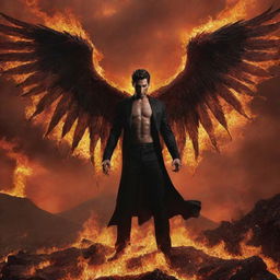 Lucifer, the fallen angel, devilishly handsome with fiery eyes and wings spread wide amidst an infernal landscape, his aura radiating power and malevolence.